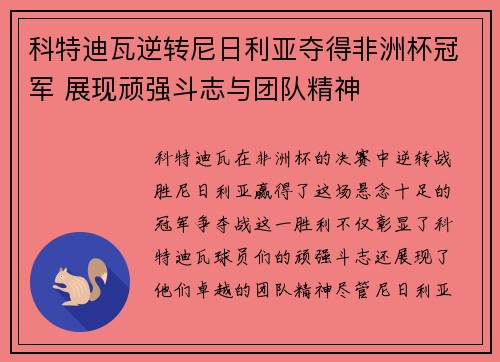 科特迪瓦逆转尼日利亚夺得非洲杯冠军 展现顽强斗志与团队精神